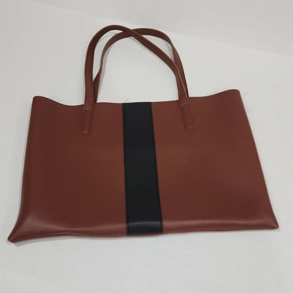 Vince Camuto Luck Brown/Black Stripe Pebbled Lthr 2 Handles Open Tote Laptop Bag